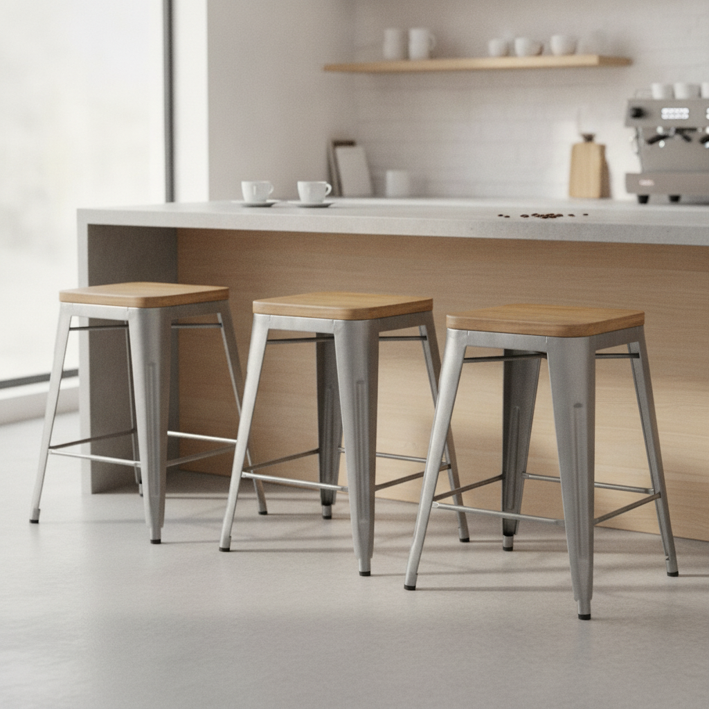 Steel and Ash Wood Bistro Low Stools 450x408mm for Bars & Cafés (Pack of 4)