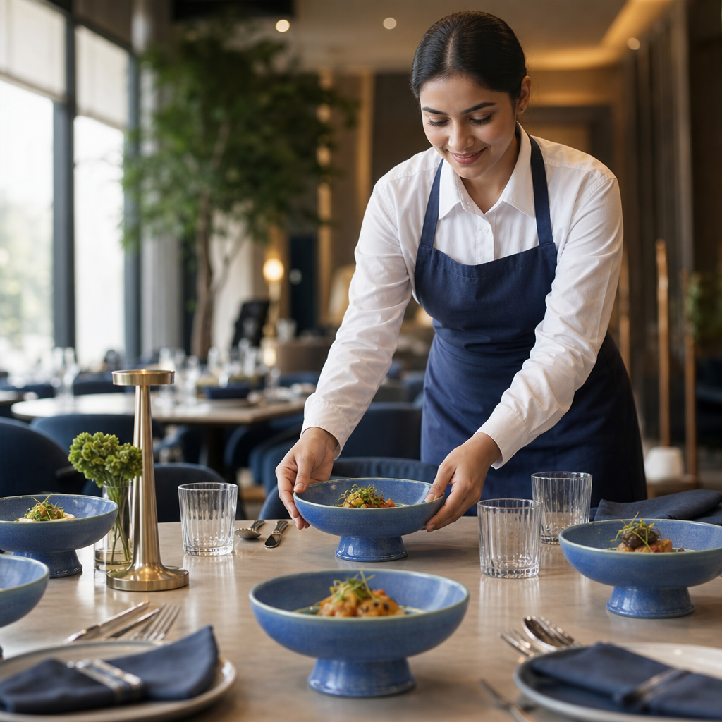 Footed Bowls 200mm Blue Vitrified Ceramic for Dining (Pack of 6)