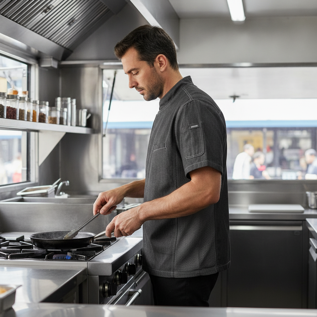 Grey Denim Chef Jacket for Food Trucks & Open Kitchens
