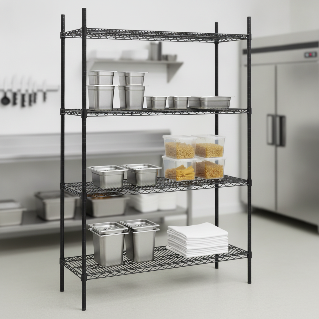 Iron Flat Pack 4 Shelf Unit Black for Commercial Kitchens