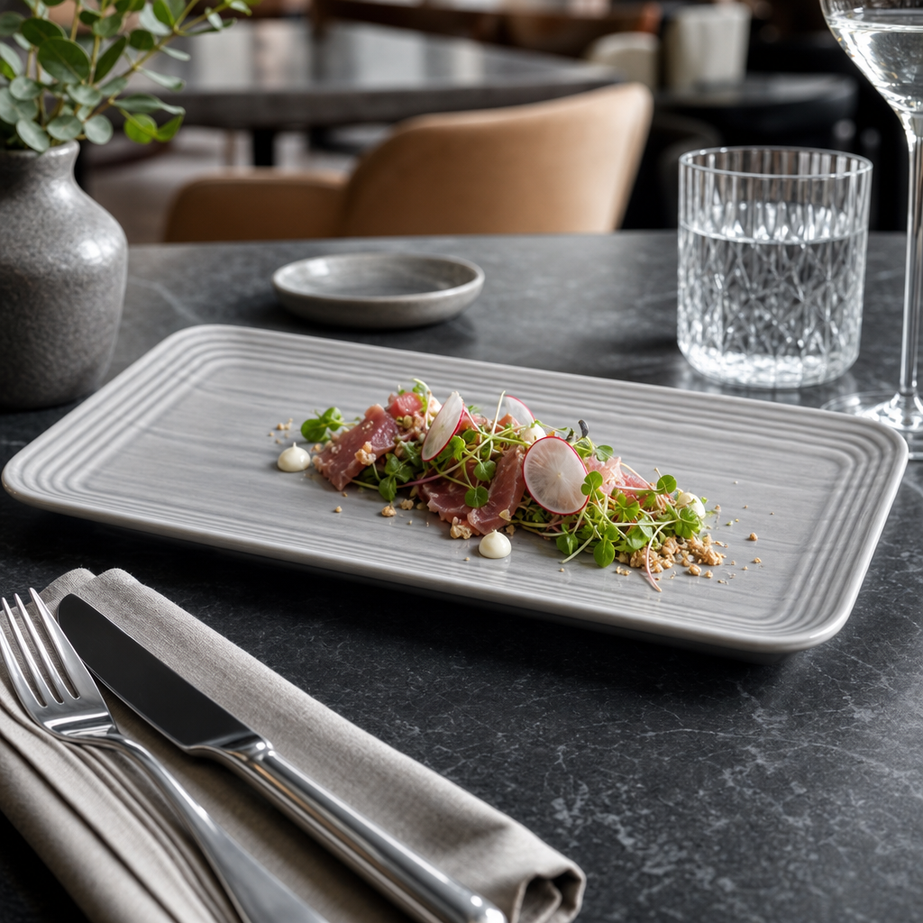 Norse Organic Coupe Rectangular Platter Grey China for Professional Use (Pack of 6)