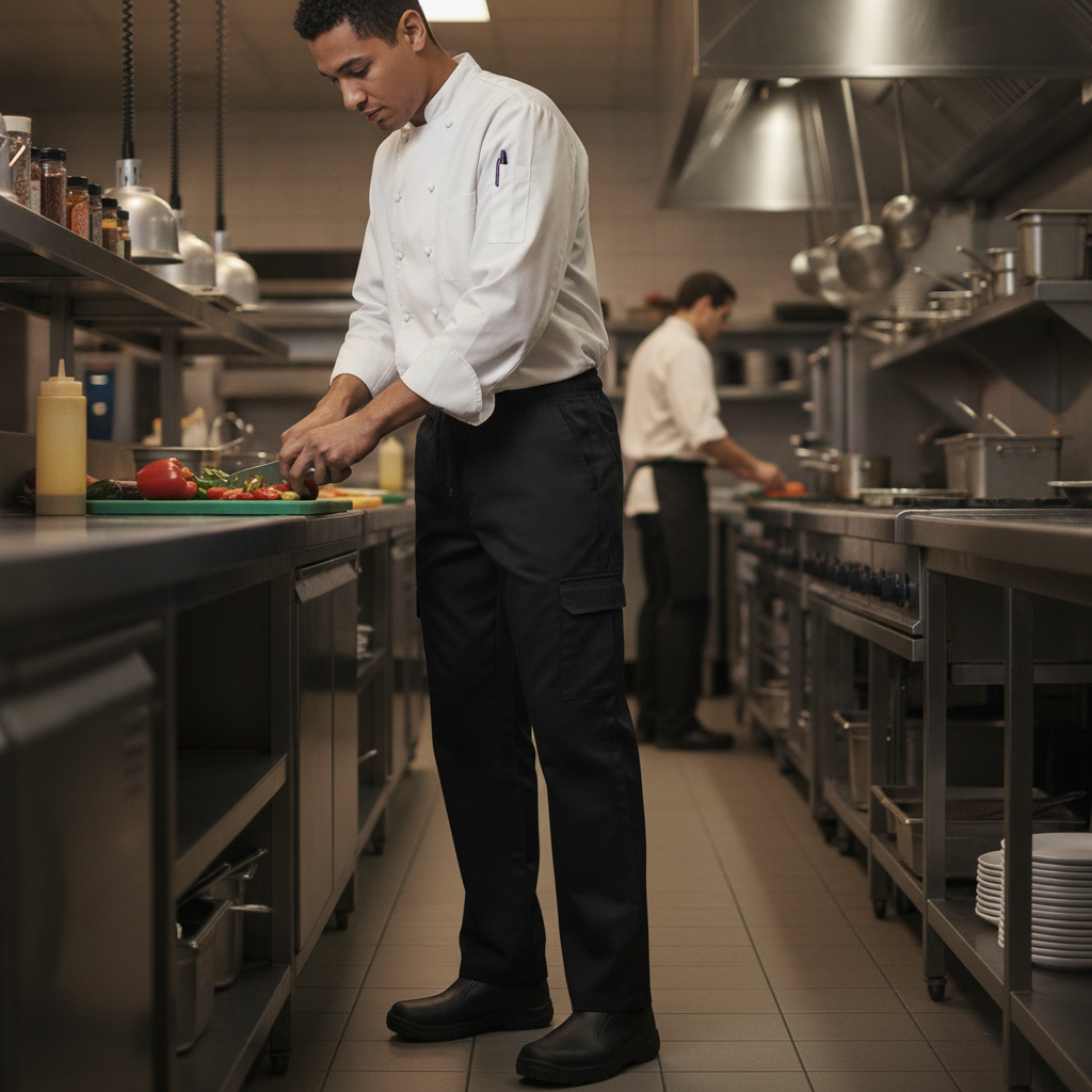 Cotton & Recycled Polyester Black Cargo Pants for Chefs
