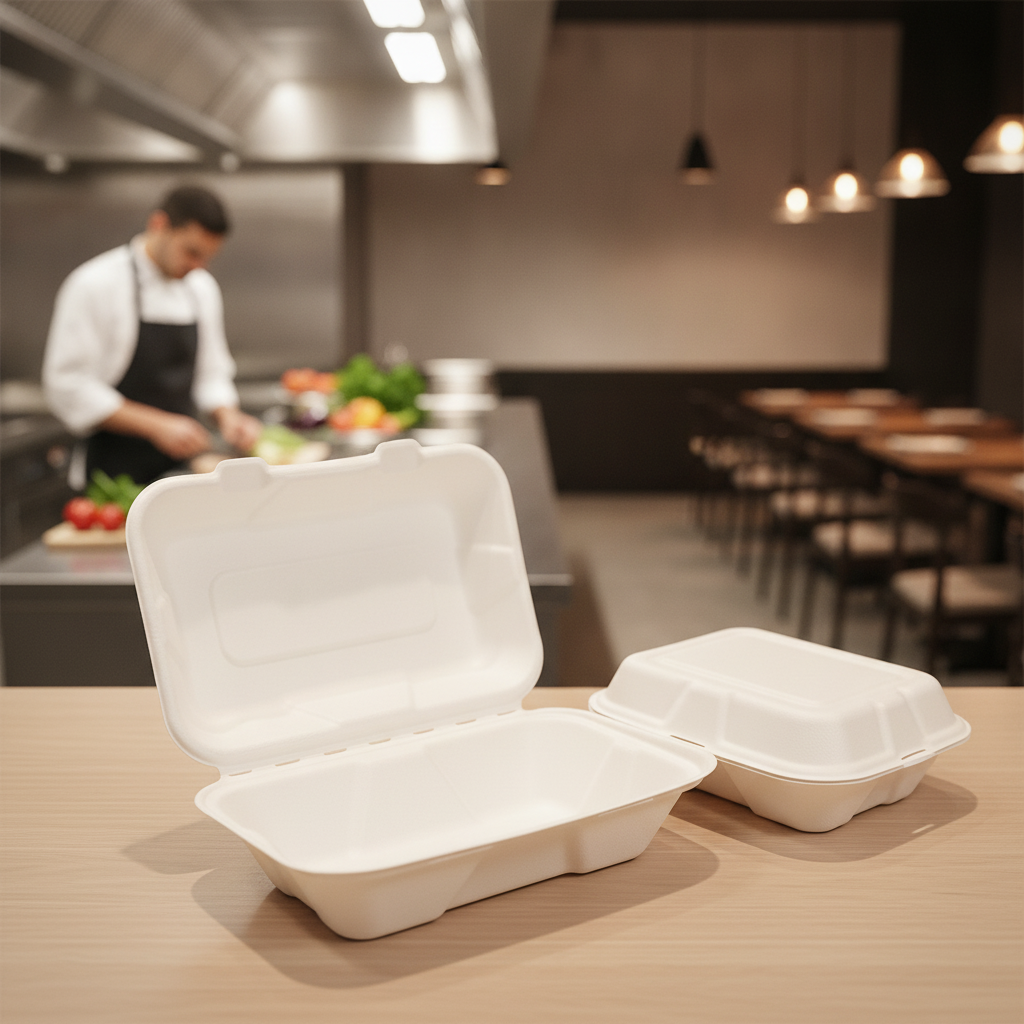 Bagasse Hinged Meal Boxes 74x228x155mm for Food Markets