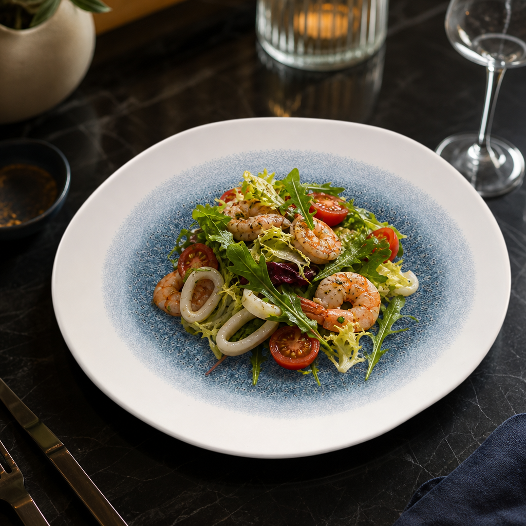 Round Trace Plates Blue Porcelain for Serving Salads & Seafood (Pack of 12)