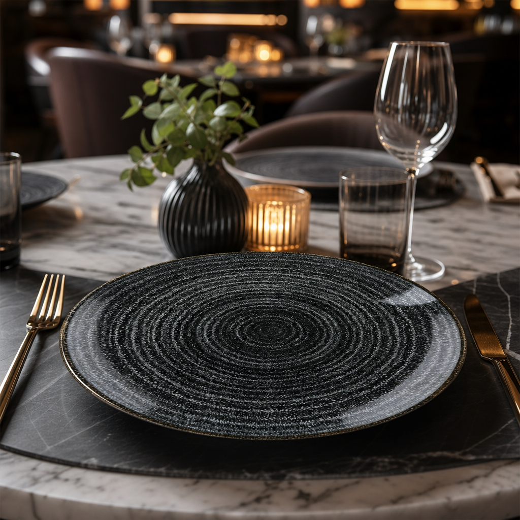 Black Coupe Plates 260mm Charcoal Porcelain for Restaurant Table Settings (Pack of 12)
