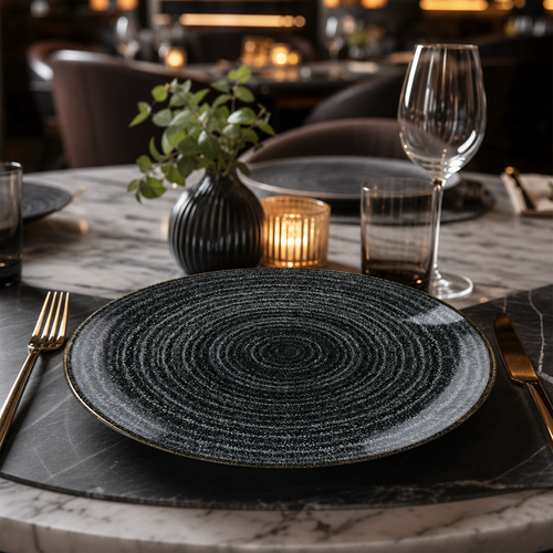 Black Coupe Plates 260mm Charcoal Porcelain for Restaurant Table Settings (Pack of 12)