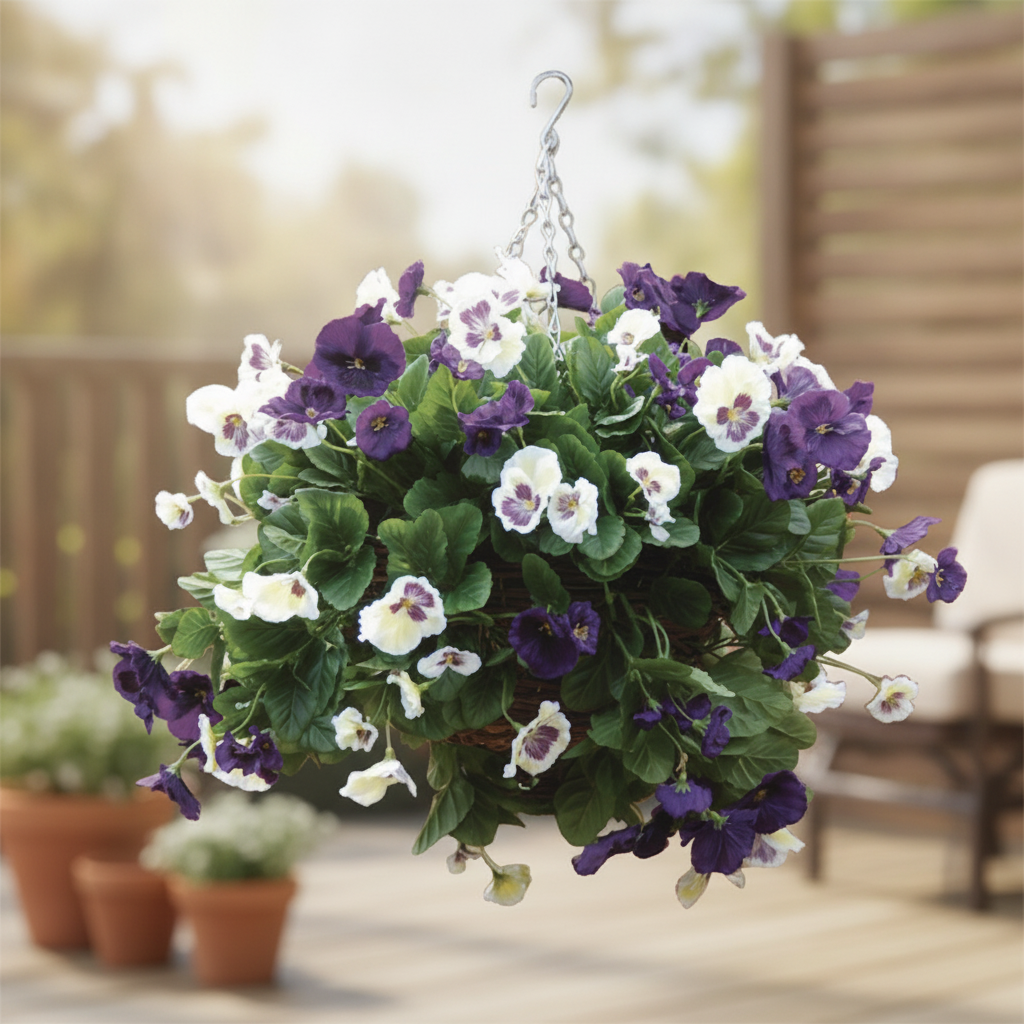 Realistic Purple and White Pansy Ball in Wicker Basket for Indoor & Outdoor Use