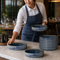 Round Stacking Trays Blue Vitrified Ceramic for Versatile Dining (Pack of 12)