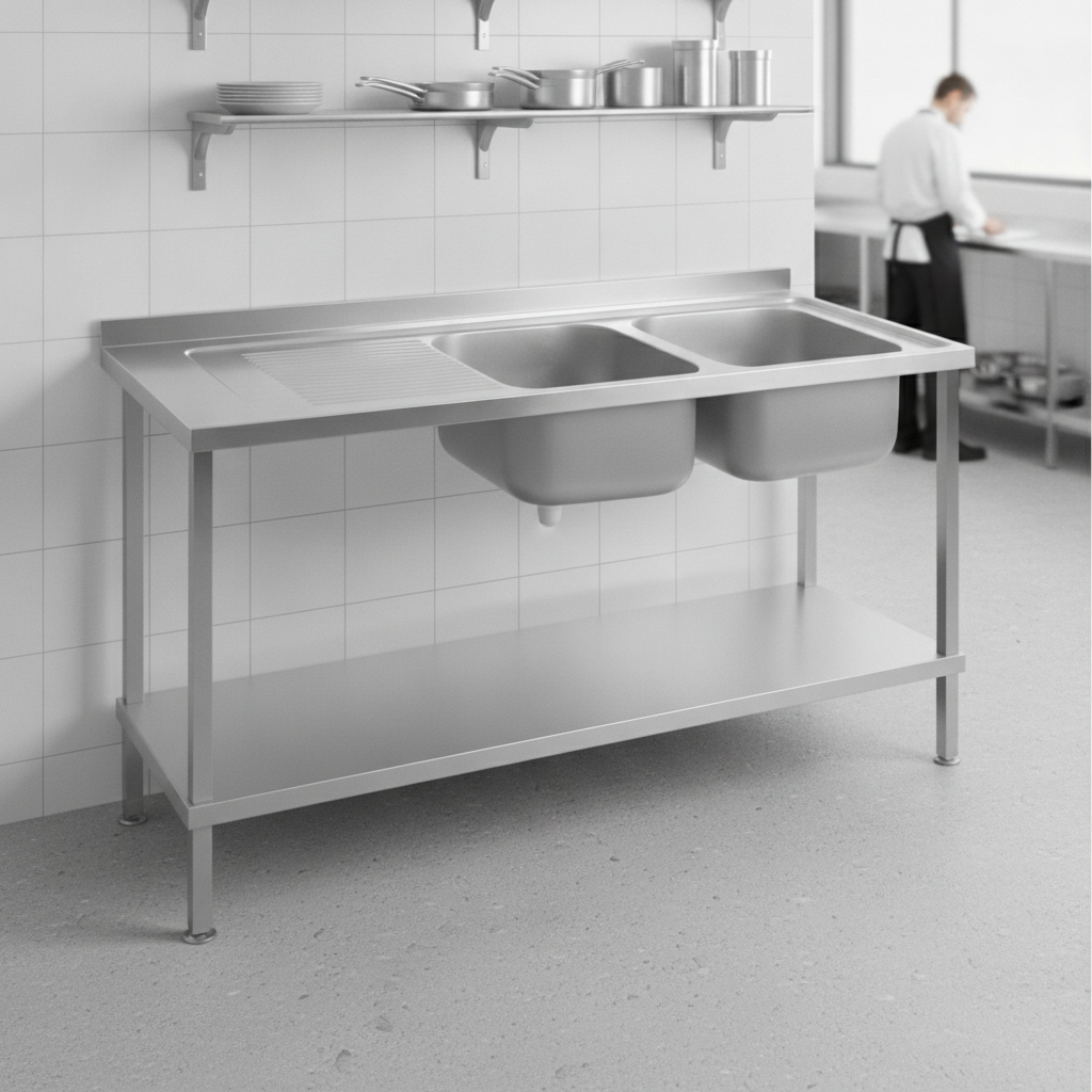 304 Stainless Steel Double Sink with Left Hand Drainer 1500mm for Commercial Kitchens