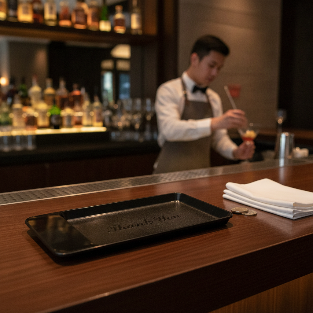 Plastic Black Tip Tray with Thank You Engraving for Hospitality