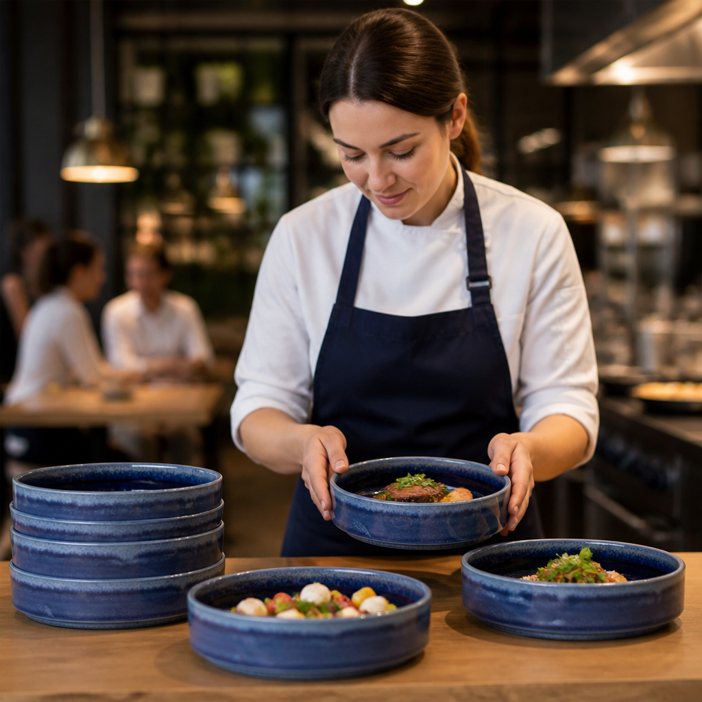 Round Stacking Trays Blue Vitrified Ceramic for Versatile Dining (Pack of 12)