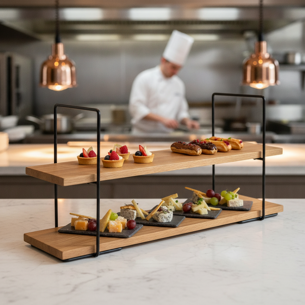 Metal and Oiled Oak 2-Tier Food Display Stand 405mm for Catering