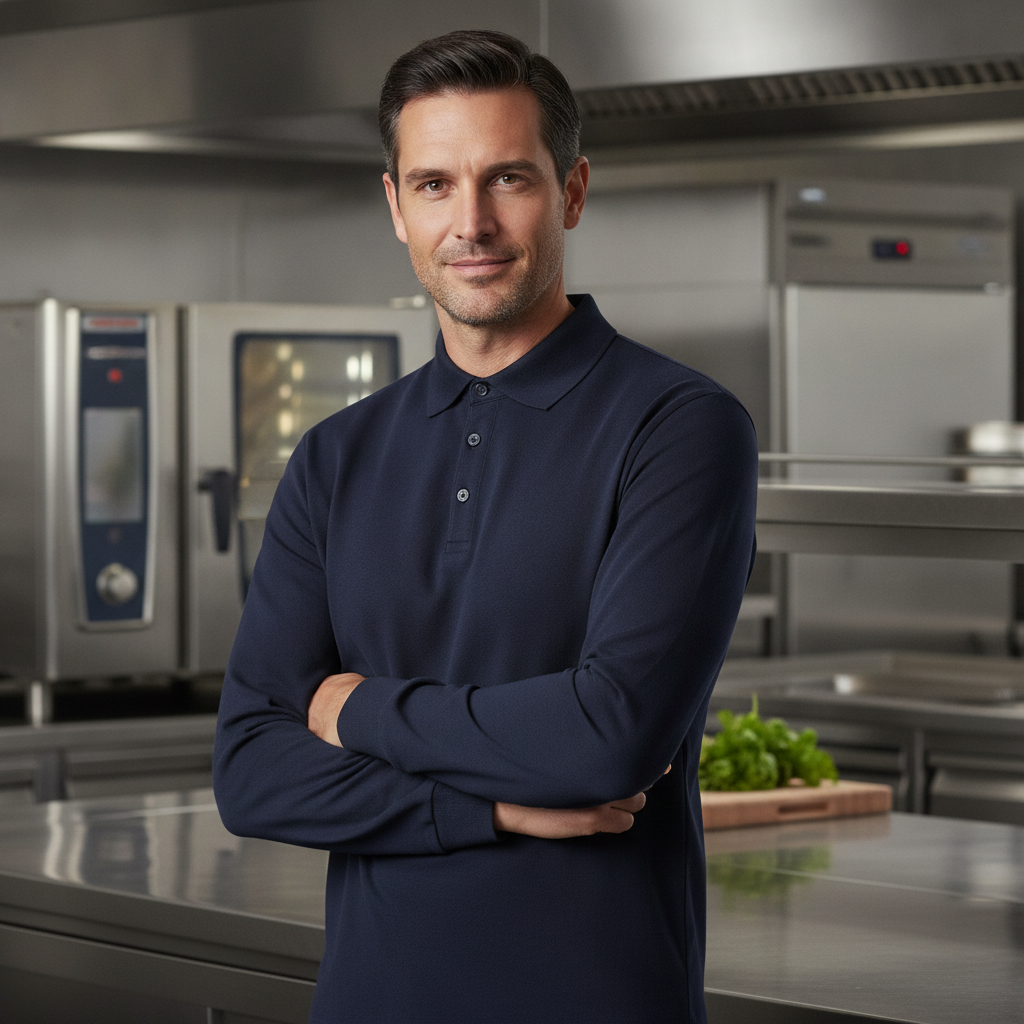 Cotton Blend Navy Long Sleeve Polo for Staff Uniforms