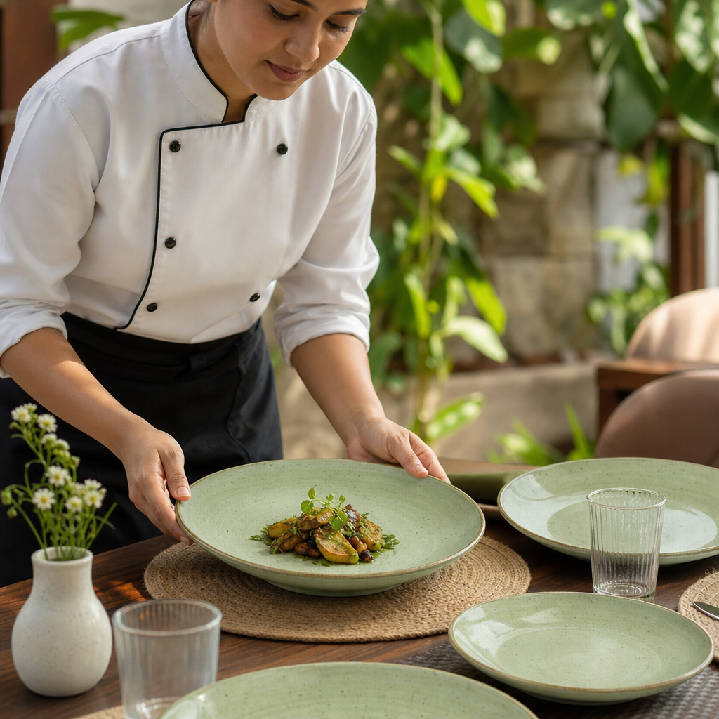 Coupe Plates 288mm Green Vitrified Ceramic for Dining Tables (Pack of 12)