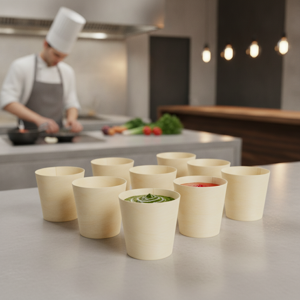 Wooden Compostable Sauce Pots 38ml for Food Service (Pack of 100)