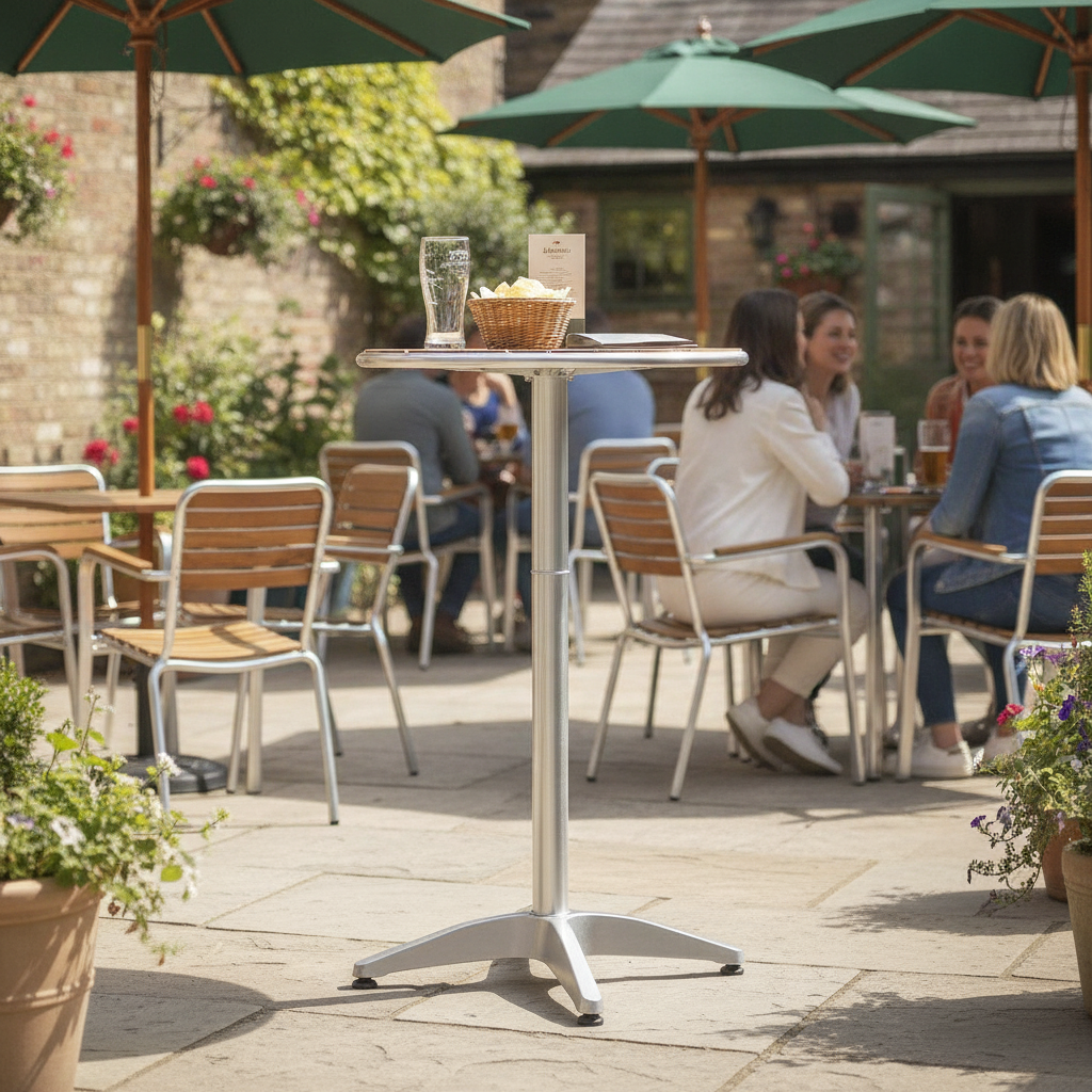Aluminium & Ash Wood Round Poseur Table 600mm for Pub Gardens