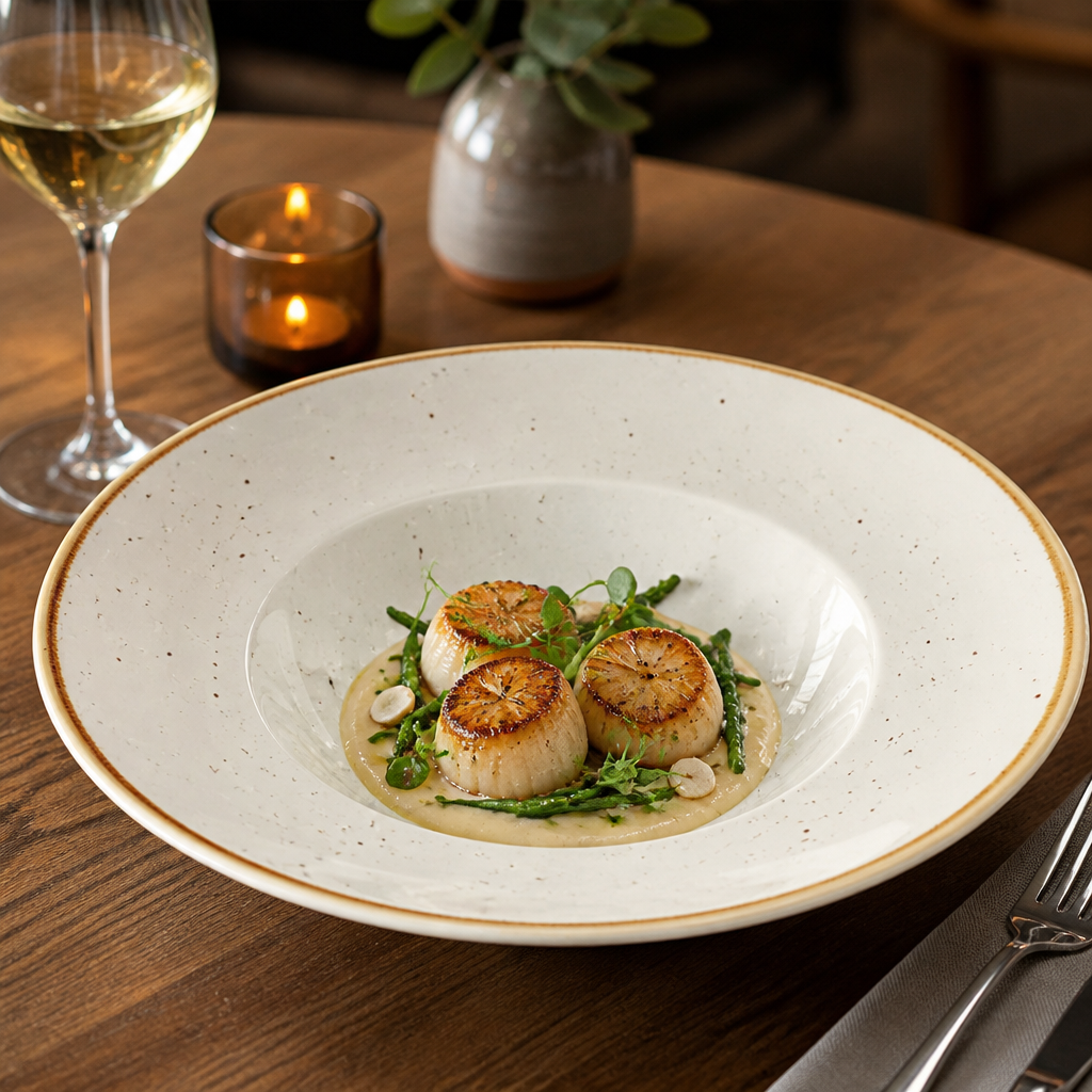 Stonecast Round Wide Rim Bowls in Barley White for Catering Presentations