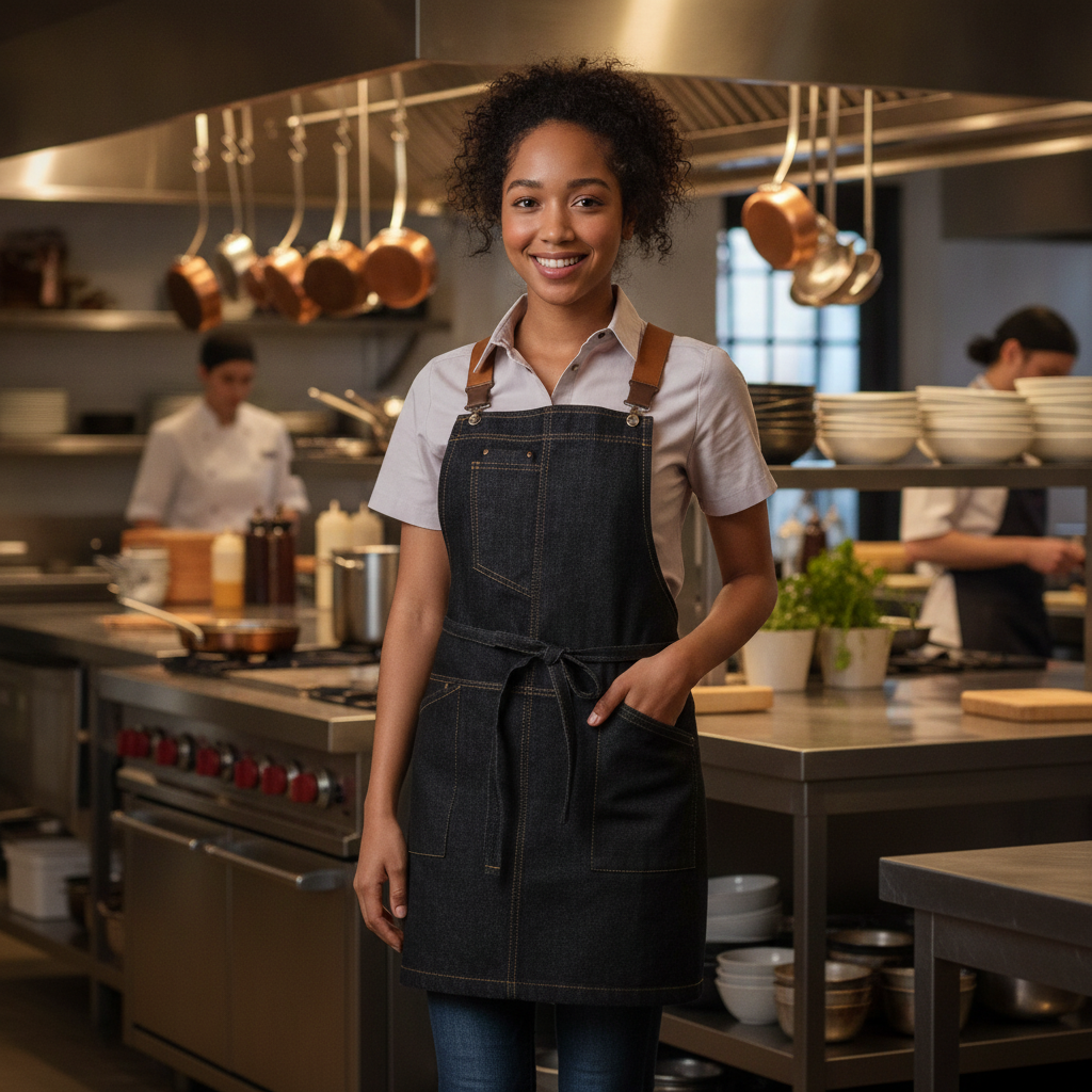 Cotton Denim Short Bib Apron Black for Busy Kitchens
