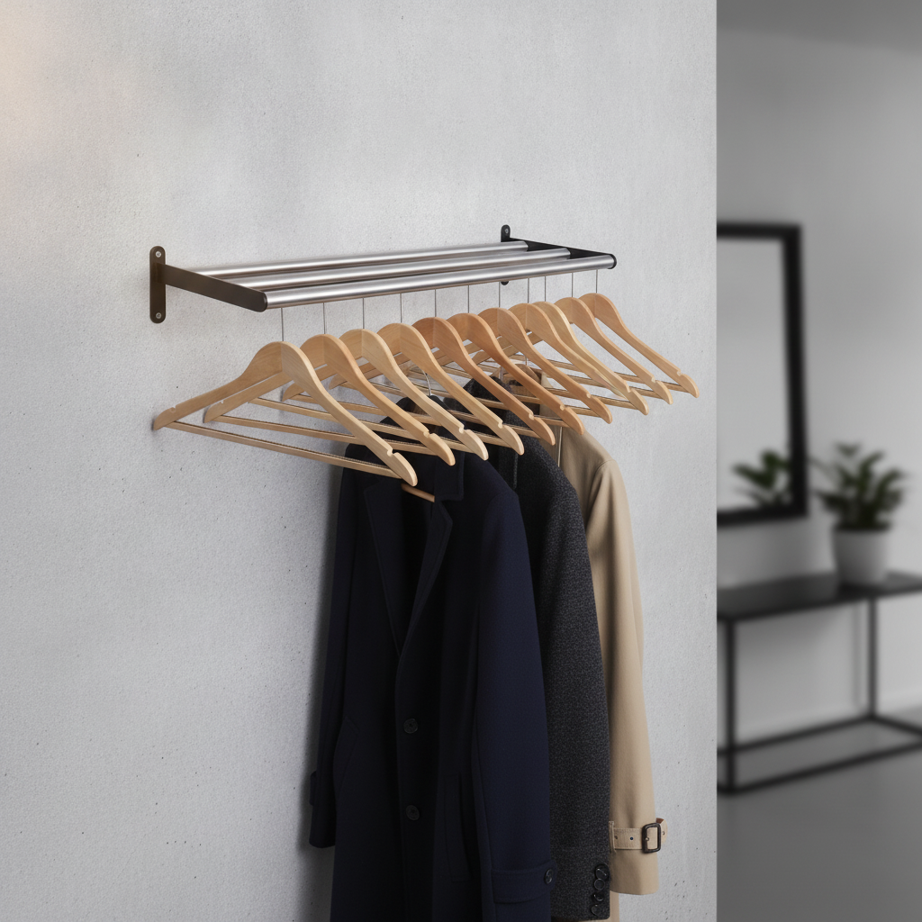 Steel Wall-Mounted Coat Rack with 10 Wooden Hangers for Home & Office