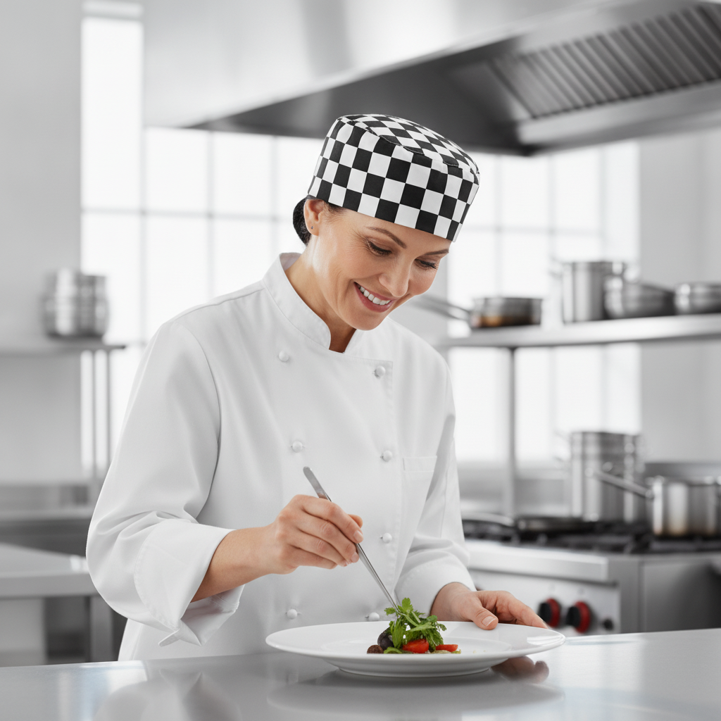 Cotton & Recycled Polyester Black and White Check Skull Cap for Chefs