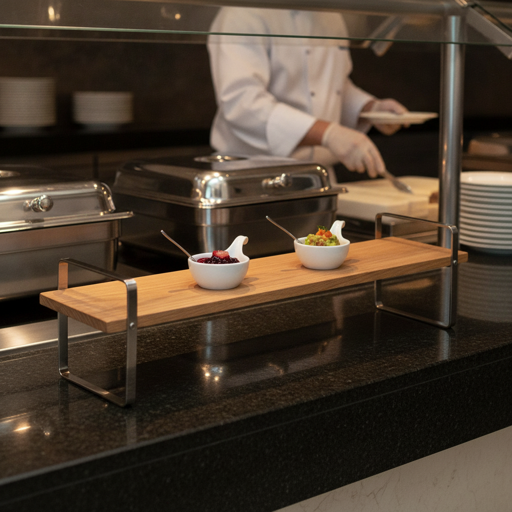 Oak Wood and Stainless Steel Small High Presentation Table for Buffets
