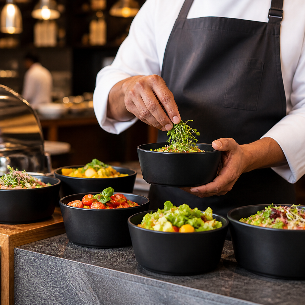 Round Bowls 140mm Black Melamine for Buffet Presentations (Pack of 12)
