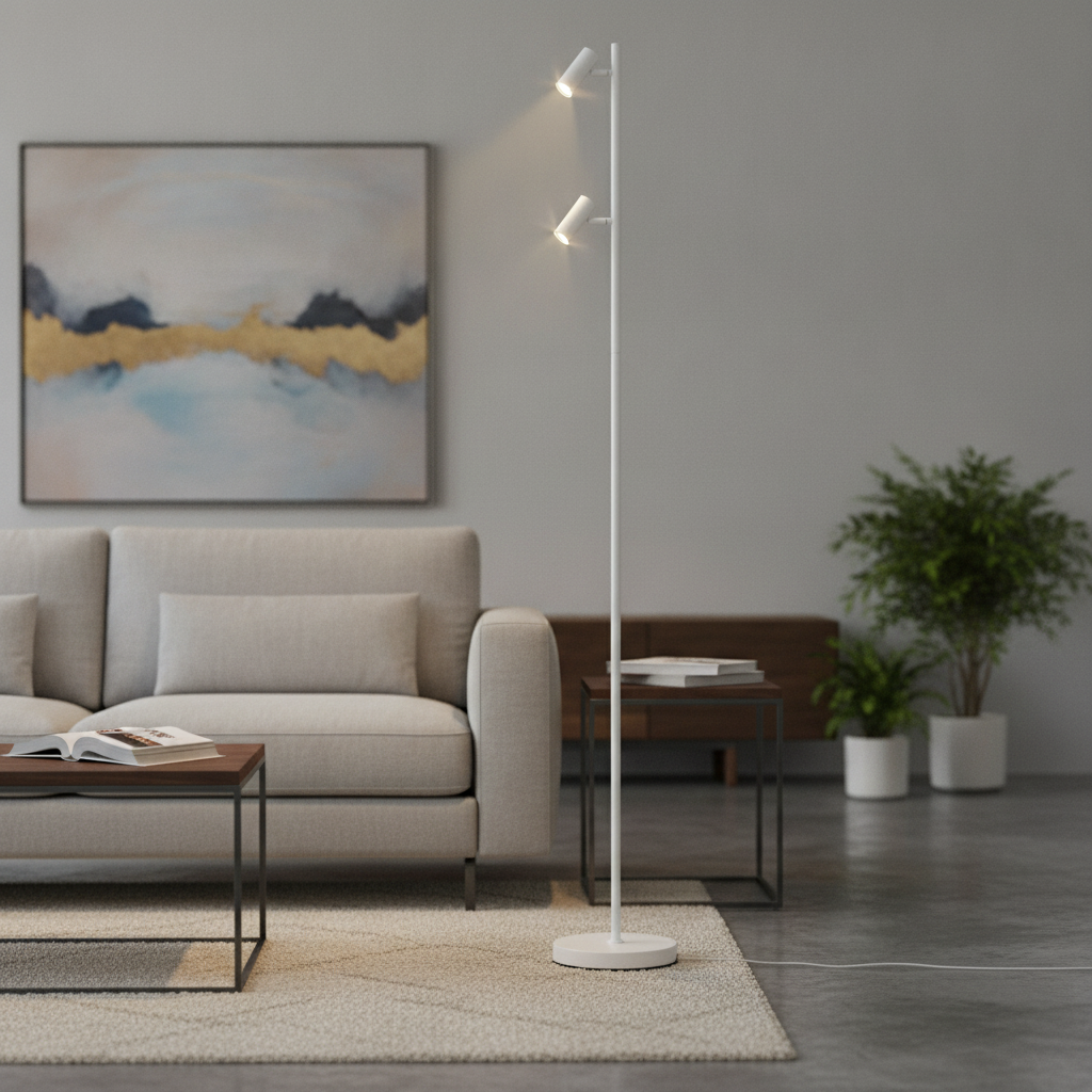 Metal White Floor Lamp with Adjustable Head for Living Spaces