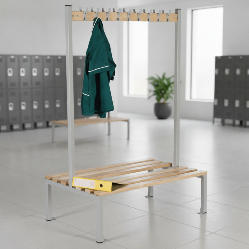 Steel & Ash Wood Double Sided Coat Hanger Bench 1200mm for Leisure Facilities
