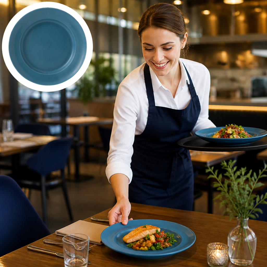 Rimmed Plates 260mm Blue Vitrified Ceramic for Healthcare Environments (Pack of 6)
