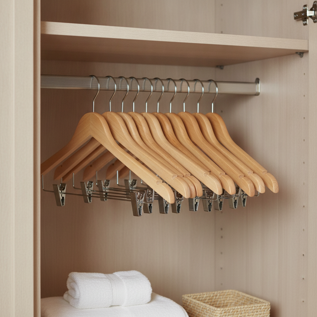 Betula Wood Wooden Hanger with Anti-Slip Clips for Hotels & B&Bs (Pack of 10)