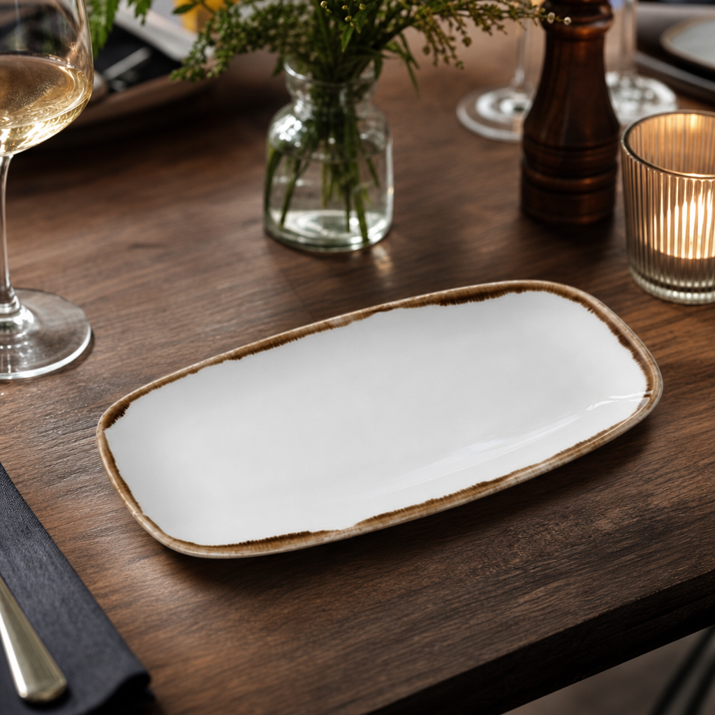 Oblong Chefs Plates x 355 189mm Natural Porcelain for Farm-to-Table Dining (Pack of 6)