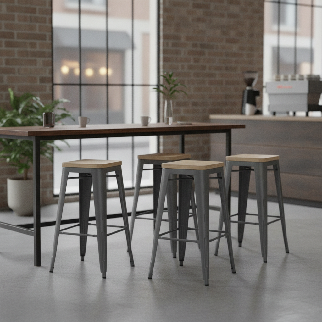 Steel and Ash Wood Bistro High Stools 760x427mm for Bars & Cafés (Pack of 4)