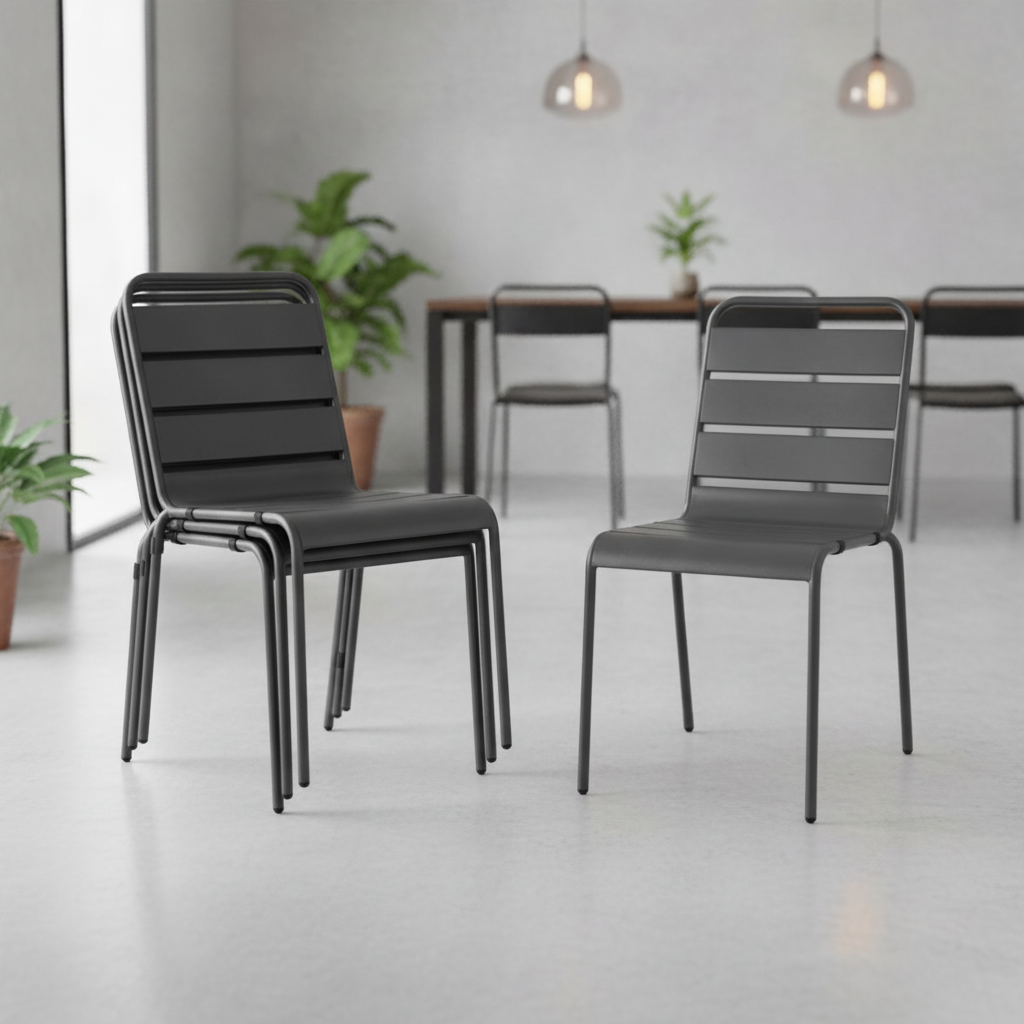 Powder Coated Steel Grey Slatted Side Chairs 830x470mm for Cafes & Bistros (Pack of 4)