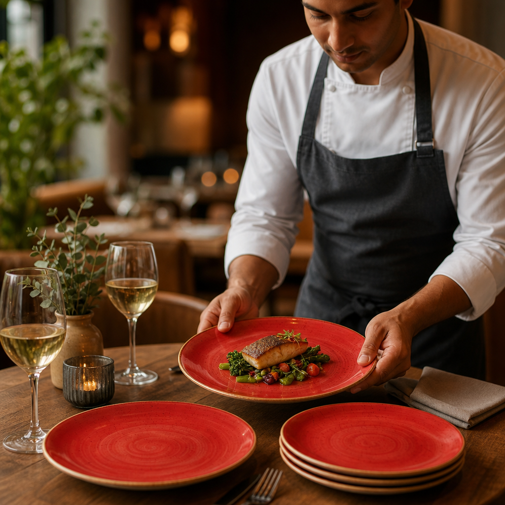 Round Coupe Plates Red Vitrified Ceramic for Rustic Table Settings (Pack of 12)