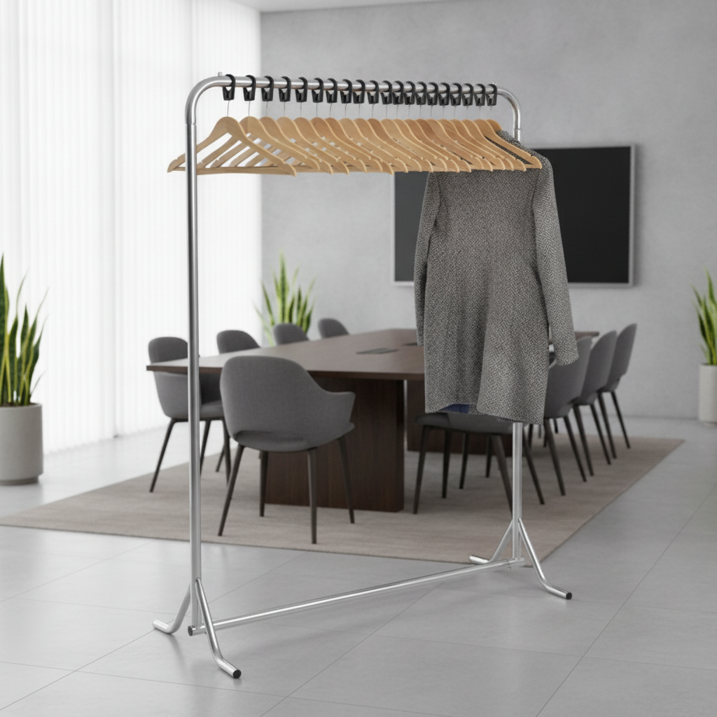 Steel Coat Rack with 20 Wooden Hangers for Meeting Rooms