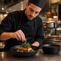 Textured Flat Round Bowls 220mm Black Porcelain for Restaurants (Pack of 4)