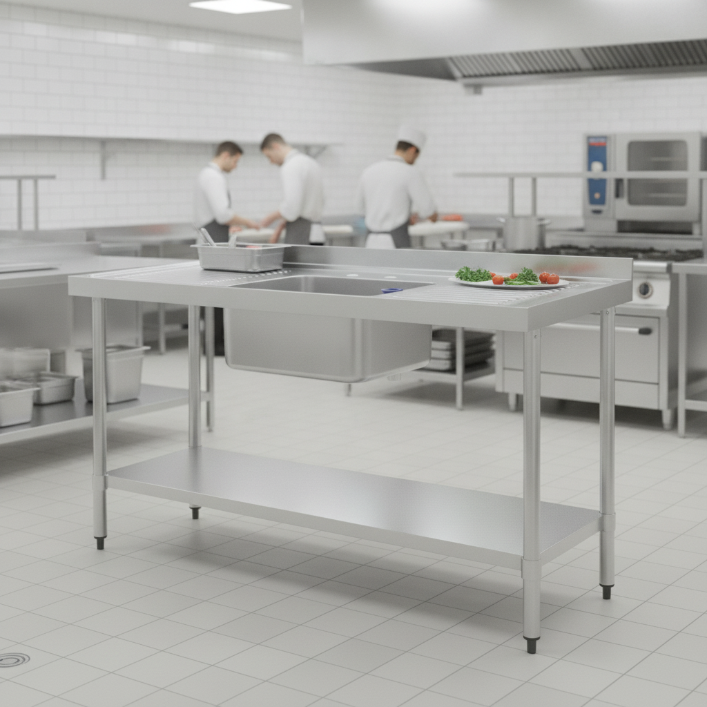 Stainless Steel Single Sink with Double Drainer 1500mm for Commercial Kitchens