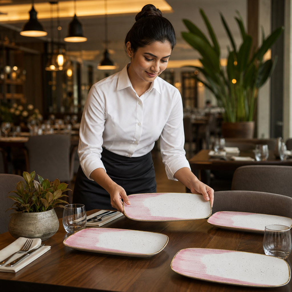 Oblong Plates Pink Vitrified Ceramic for Dining (Pack of 12)