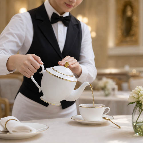 Burnished Gold Bone China Four-Cup Teapots 800ml for Fine Dining (Pack of 6)