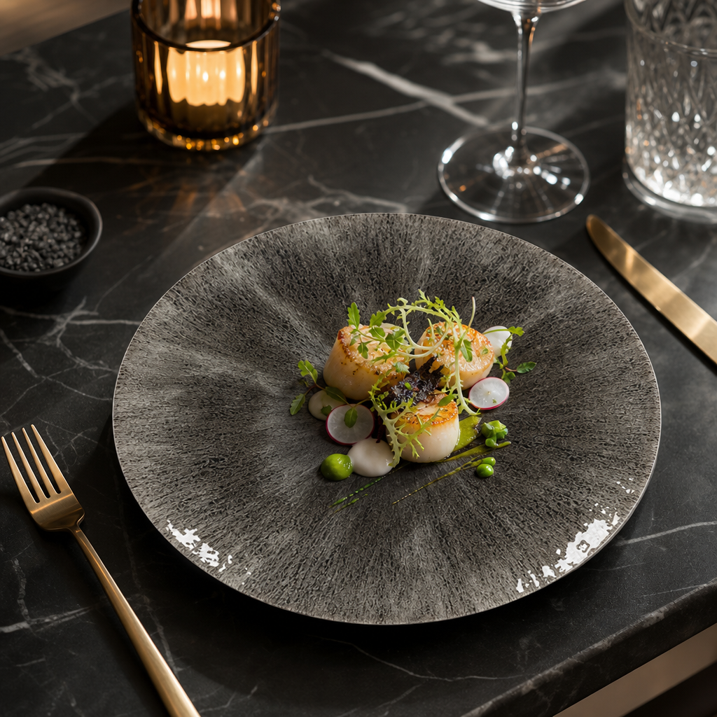 Coupe Plates 217mm Black Vitrified Ceramic for Culinary Professionals (Pack of 12)