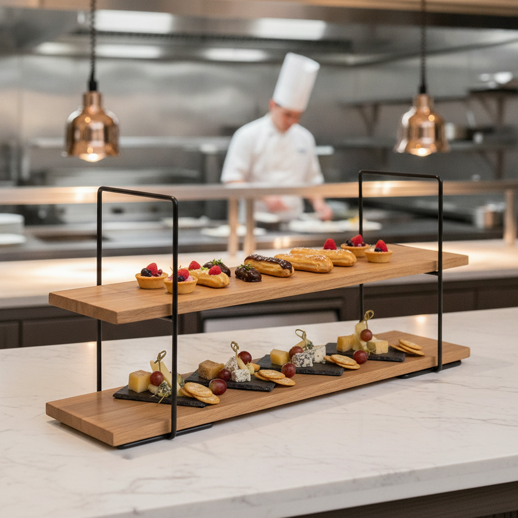 Metal and Oiled Oak 2-Tier Food Display Stand 405mm for Catering