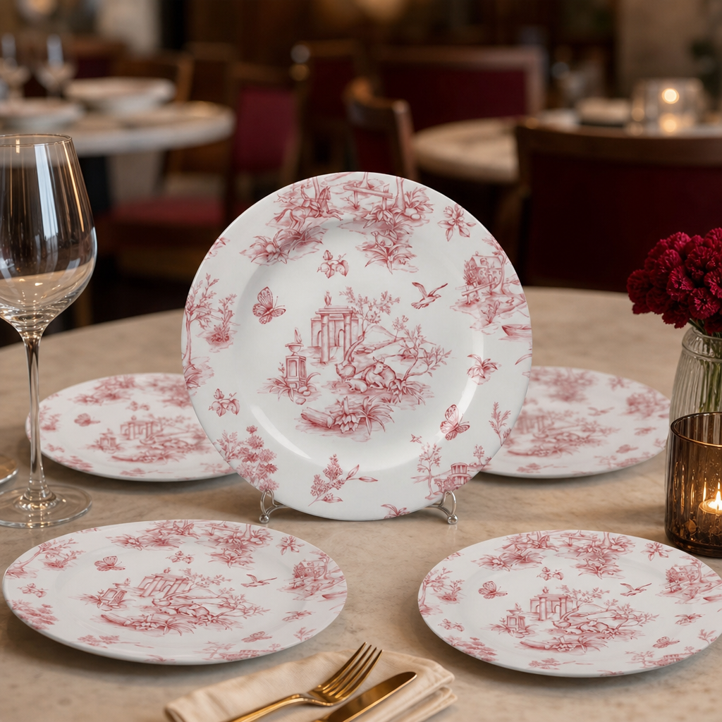 Cranberry Toile Print Tea Plates Porcelain for Stylish Dining (Pack of 6)