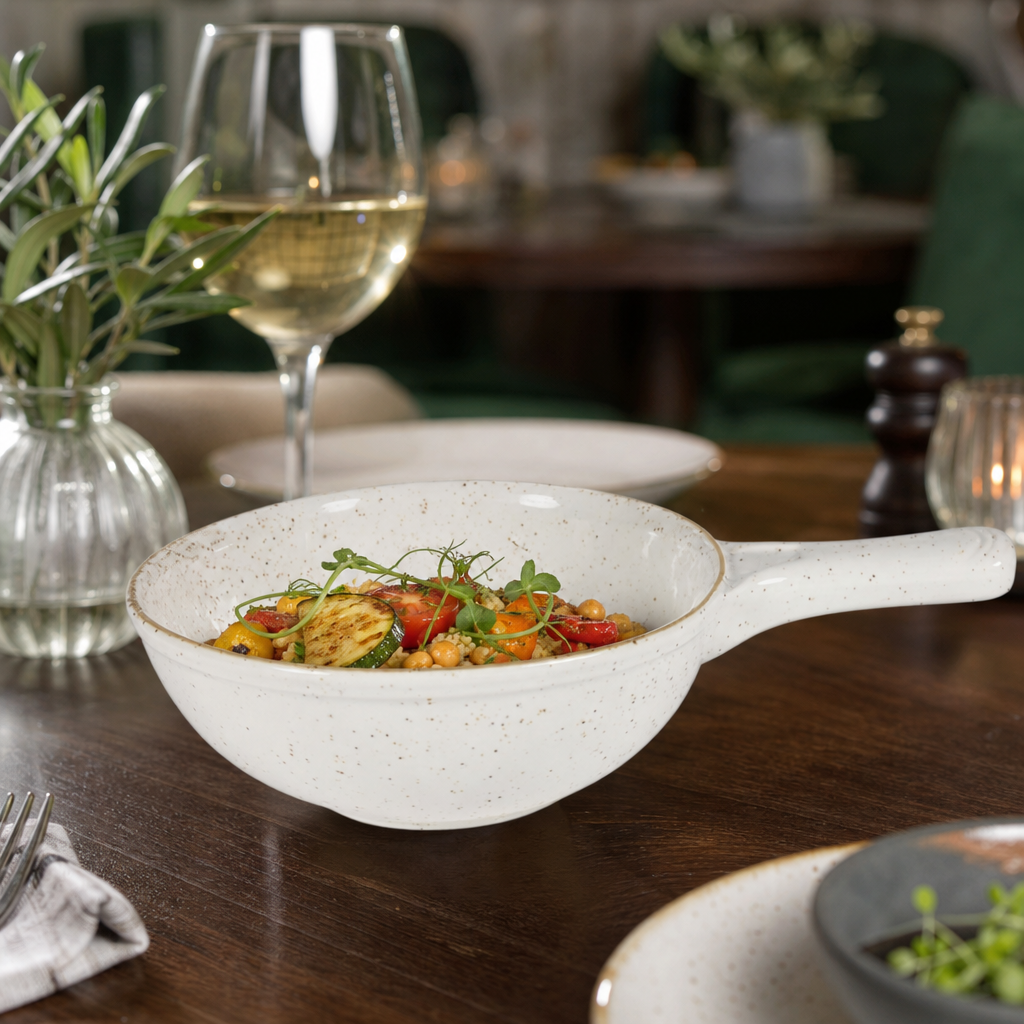 Stonecast Deep Skillet Pans in Barley White for Serving Fresh Dishes
