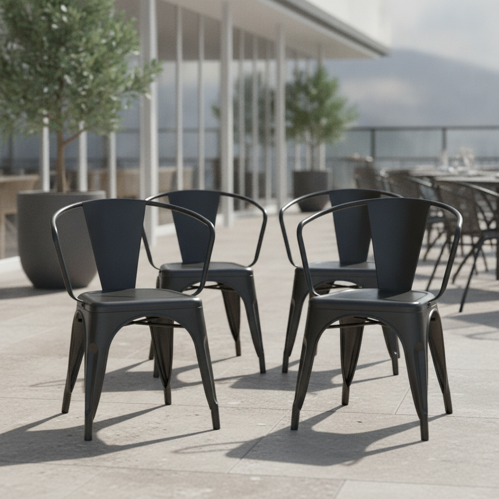 Powder Coated Steel Bistro Curve Armchairs Black 720mm for Indoor & Outdoor Use (Pack of 4)