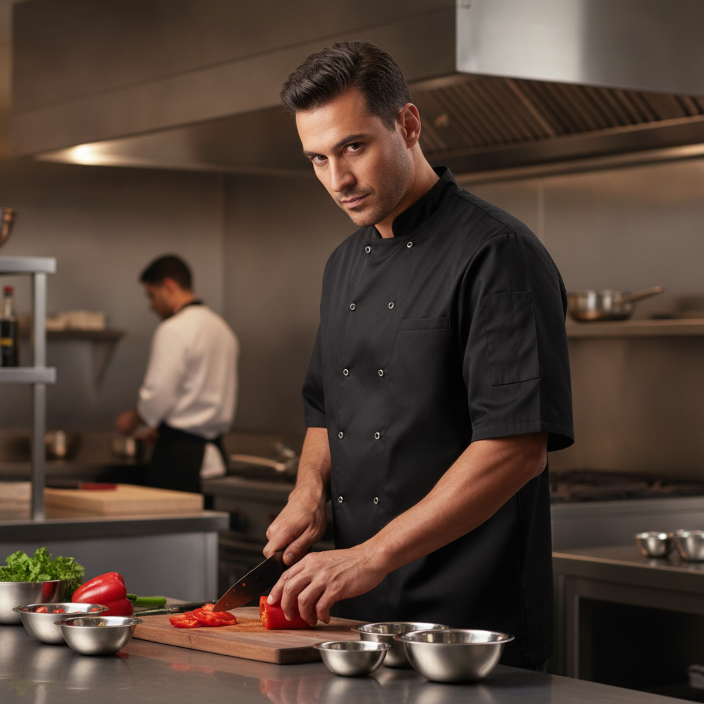 Polycotton Black Short Sleeve Chef Jacket for Professional Kitchens
