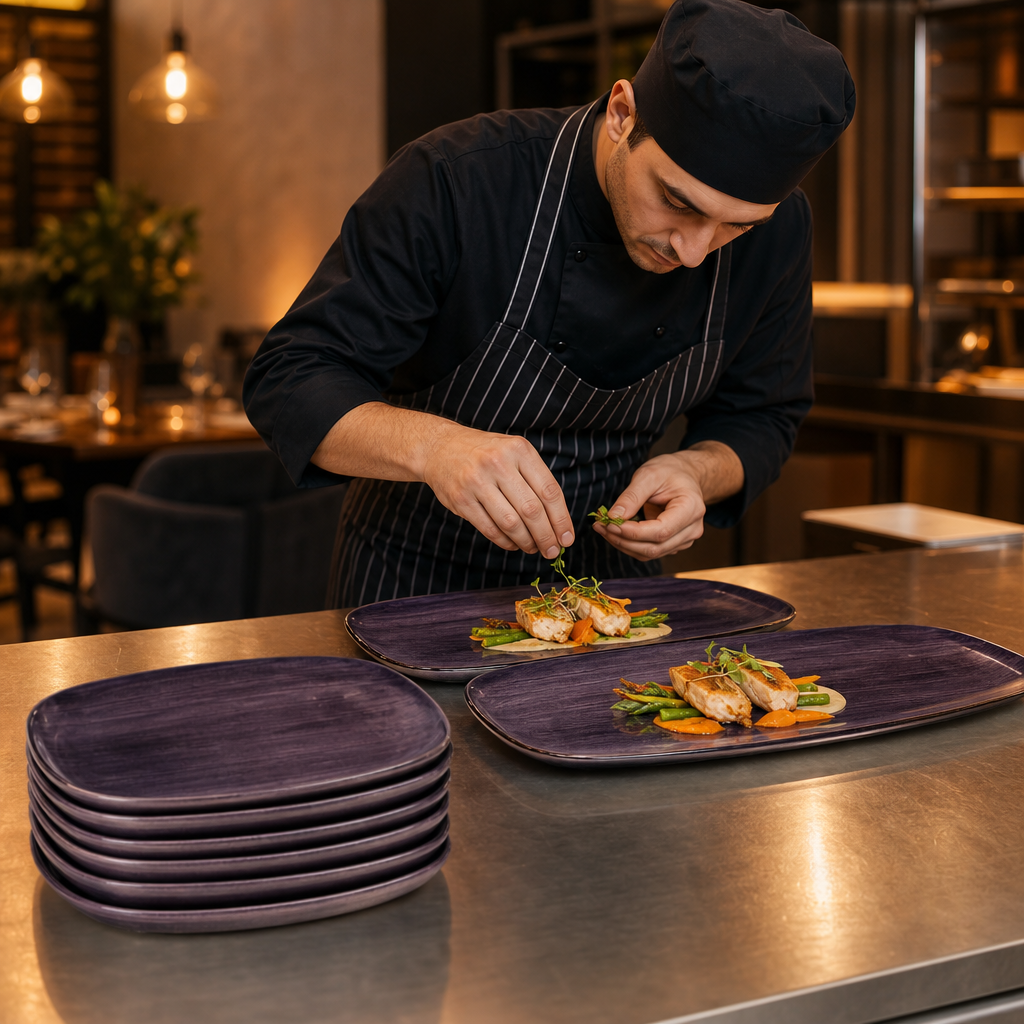 Deep Oblong Plates Purple Vitrified Ceramic for Catering (Pack of 12)