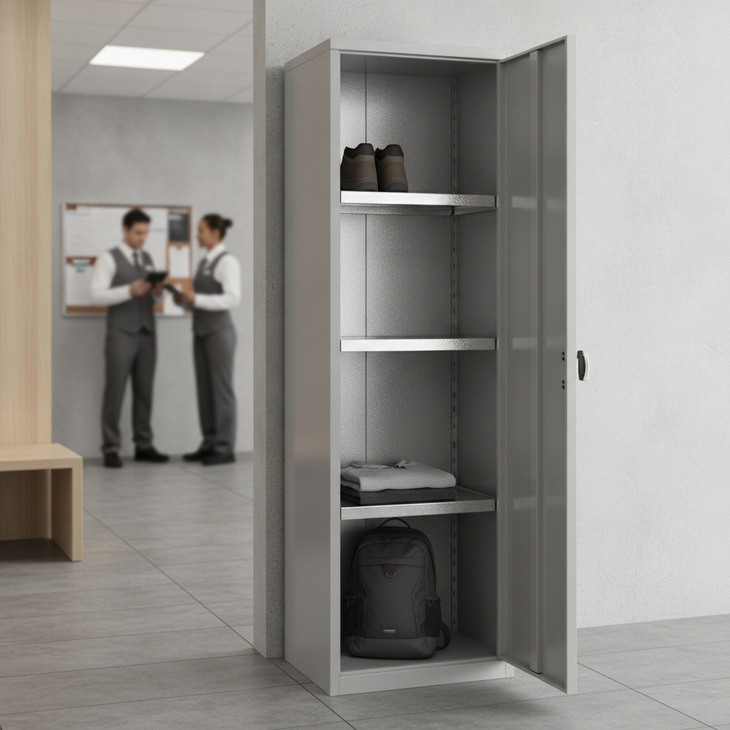 Grey Clothing and Equipment Locker with Galvanised Shelves for Staff Rooms