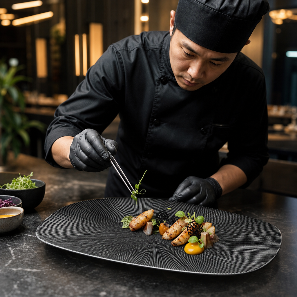 Oblong Chef's Plates Black Vitrified Ceramic for Creative Plating (Pack of 6)