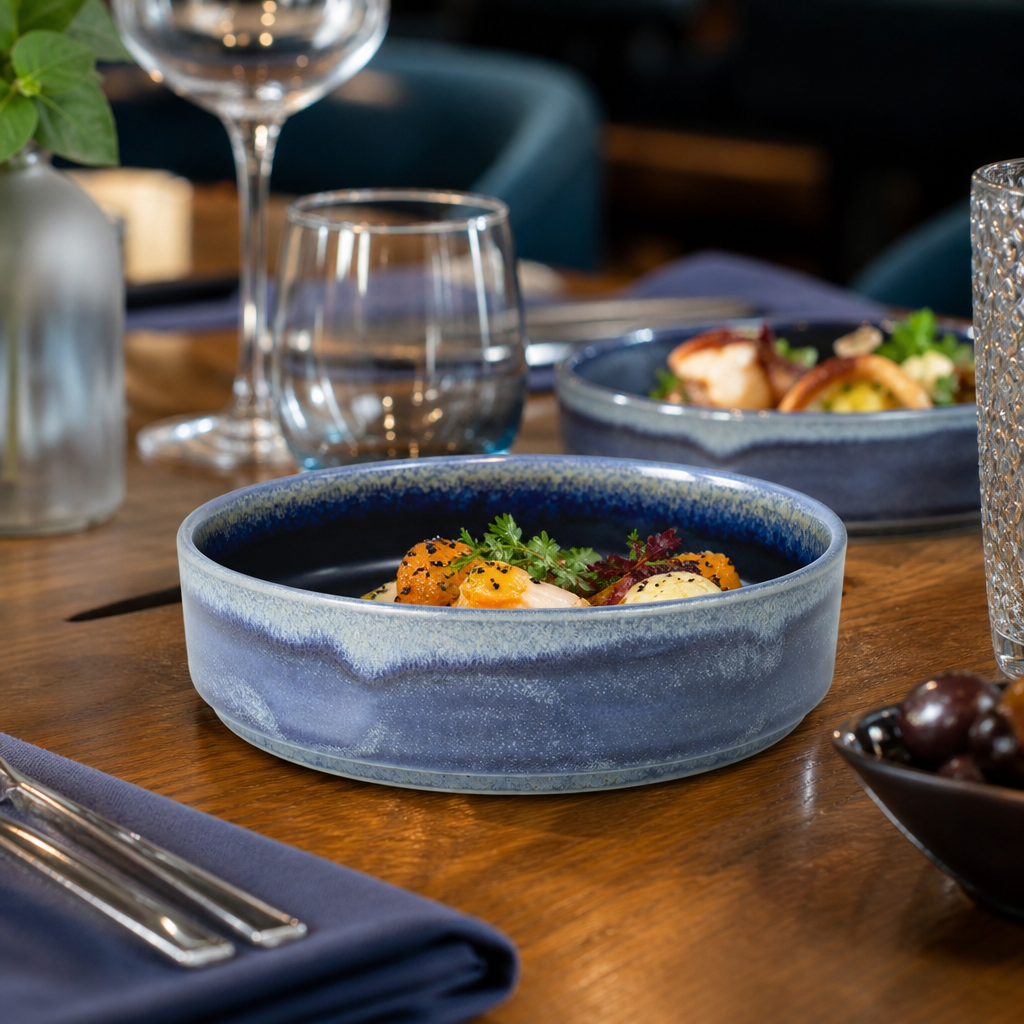 Round Stacking Trays Blue Vitrified Ceramic for Versatile Dining (Pack of 12)