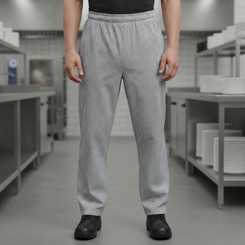 Polycotton Black and White Check Chefs Trousers for Commercial Kitchens